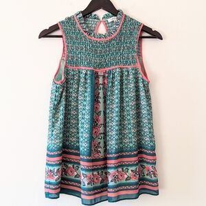 Green + Pink Paisley Pattern Flowy Summer Top Garden Fairy Floral Sleeveless M